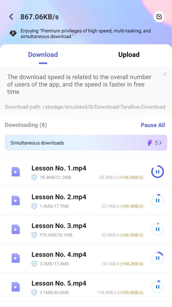 Screenshot of 5 parallel downloads in progress in TeraBox Mod APK