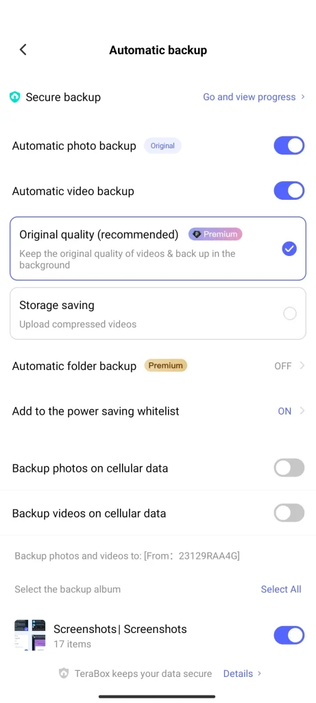 Automatic Photos and Videos Backup Options in TeraBox Mod APK