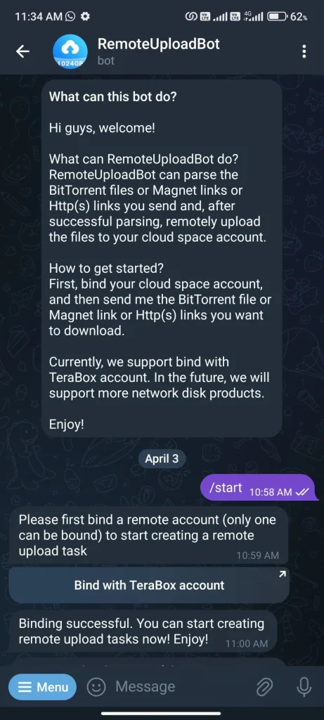 Bind TeraBox Account with Telegram Remote Upload Bot