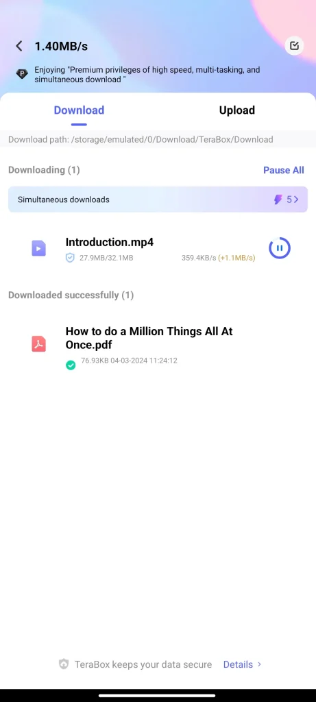 Downloading at Full Connection Speed in Terabox Mod APK