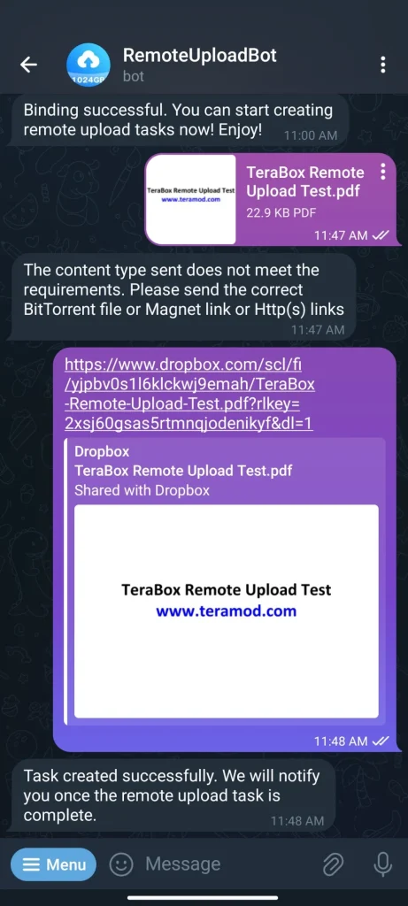 Enter File Link to Upload to TeraBox